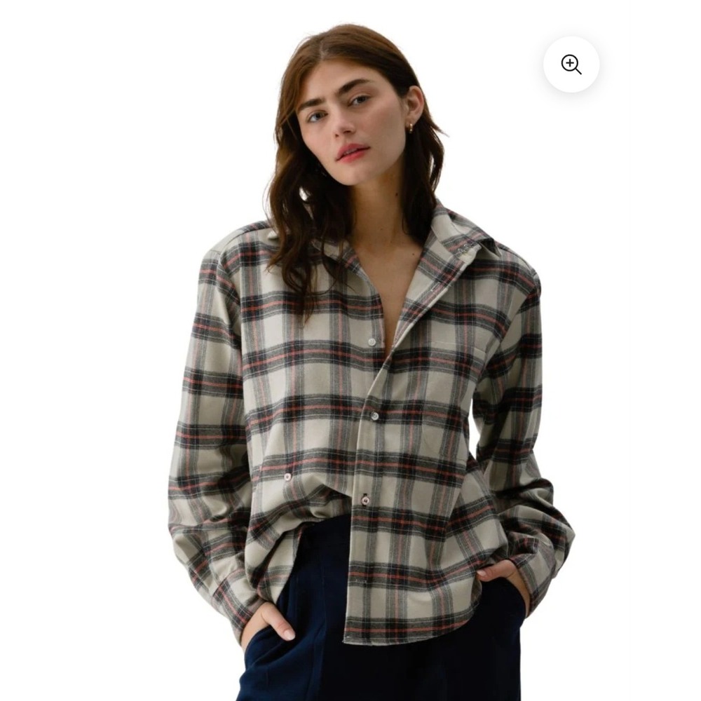 Wear‎ Cissa Plaid Japanese Flannel Button Down Cropped Shirt Cream Grey XS Crop